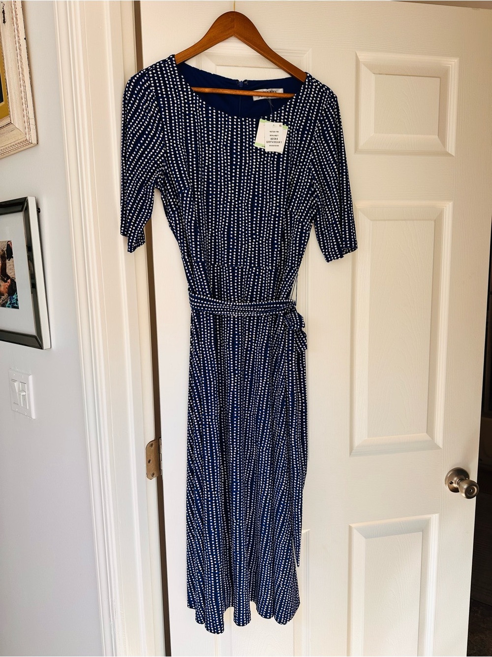 Kasper Navy and White Dot Midi Dress with Waist Tie